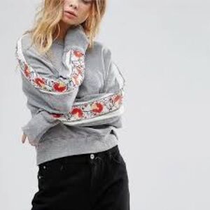 We The Free Wallflower Gray Sweatshirt with Red Floral Accents